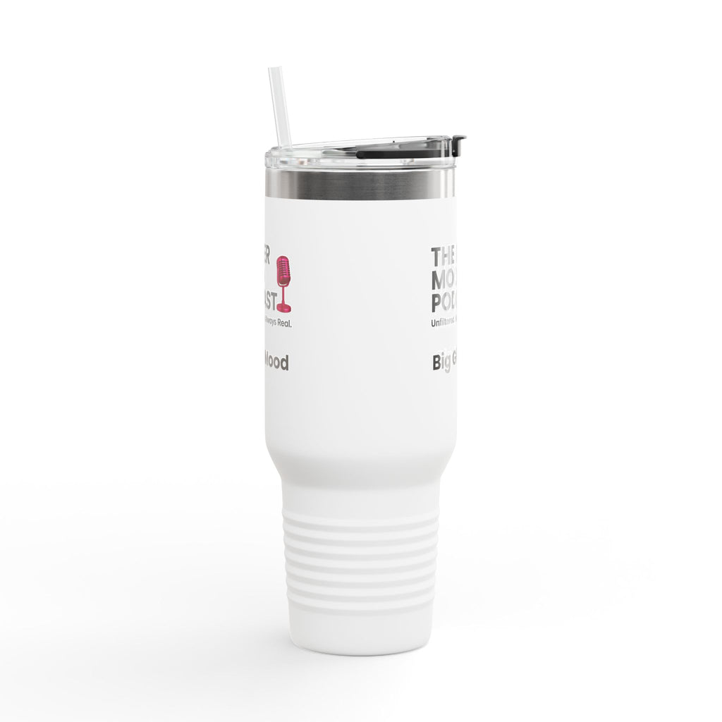 Her Mood Podcast 40oz Tumbler | White Stainless Travel Mug with Pink Mic & Logo
