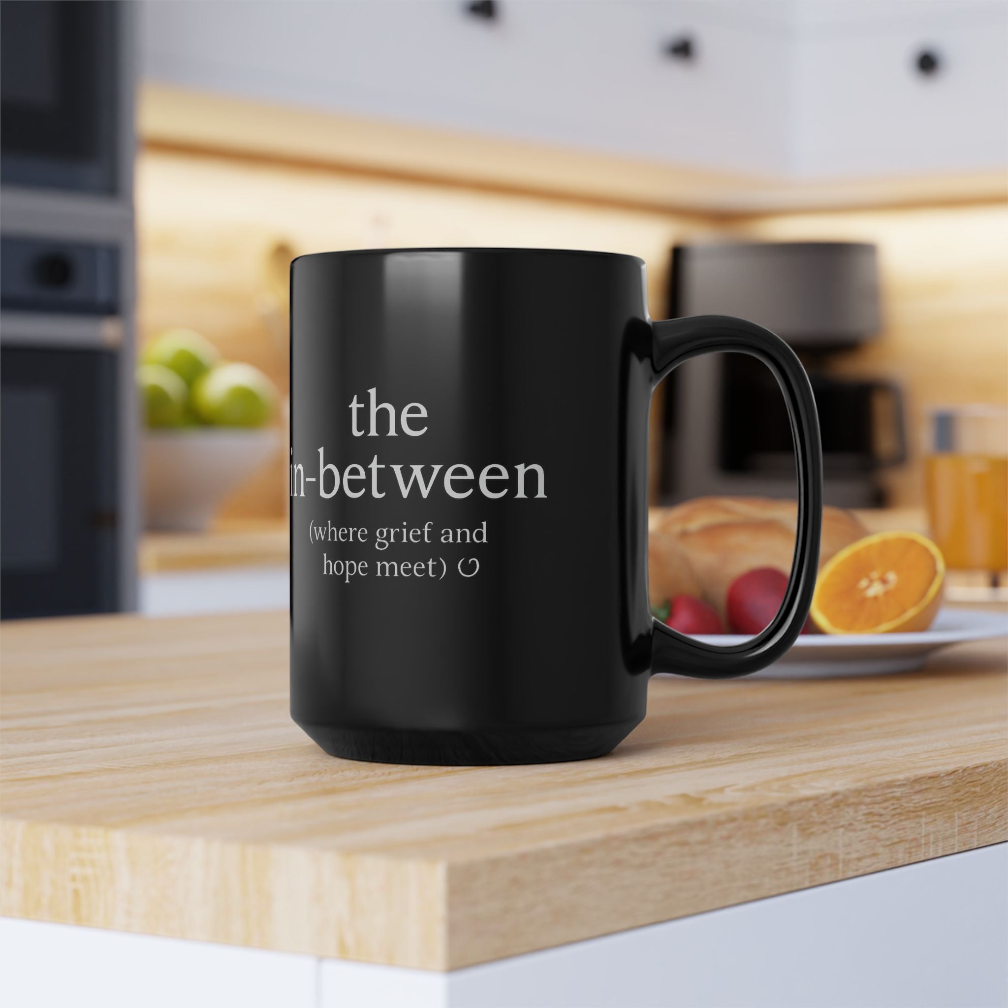 Her Mood Podcast Coffee Mug Black 15oz Ceramic Cup The In-Between (Where Grief and Hope Meet) White Logo Dishwasher Safe Podcast Gift