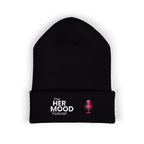 Her Mood Podcast Beanie | Black Knit Hat with Pink Microphone & White Logo Embroidery