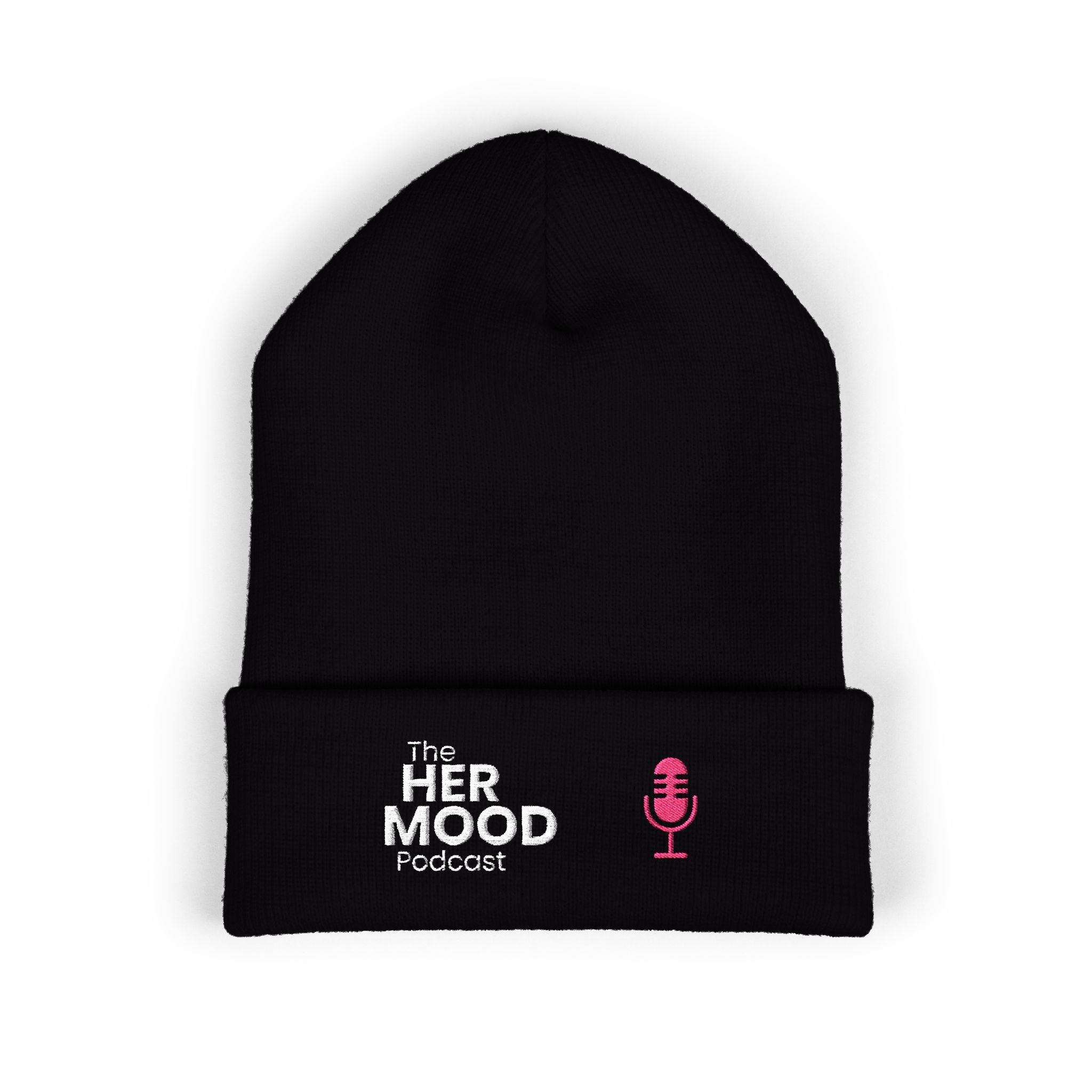 Her Mood Podcast Beanie | Black Knit Hat with Pink Microphone & White Logo Embroidery