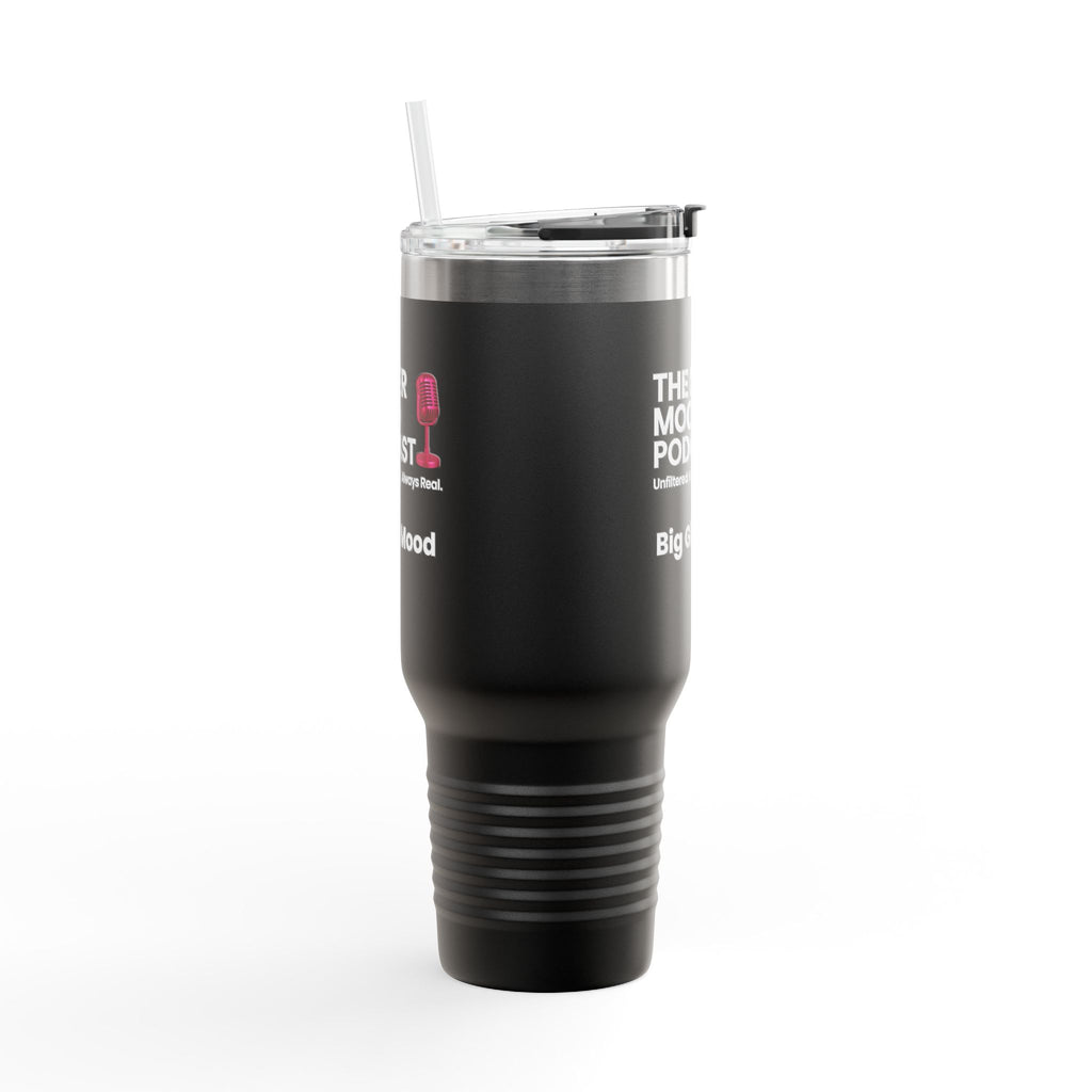 Her Mood Podcast 40oz Tumbler | White Stainless Travel Mug with Pink Mic & Logo