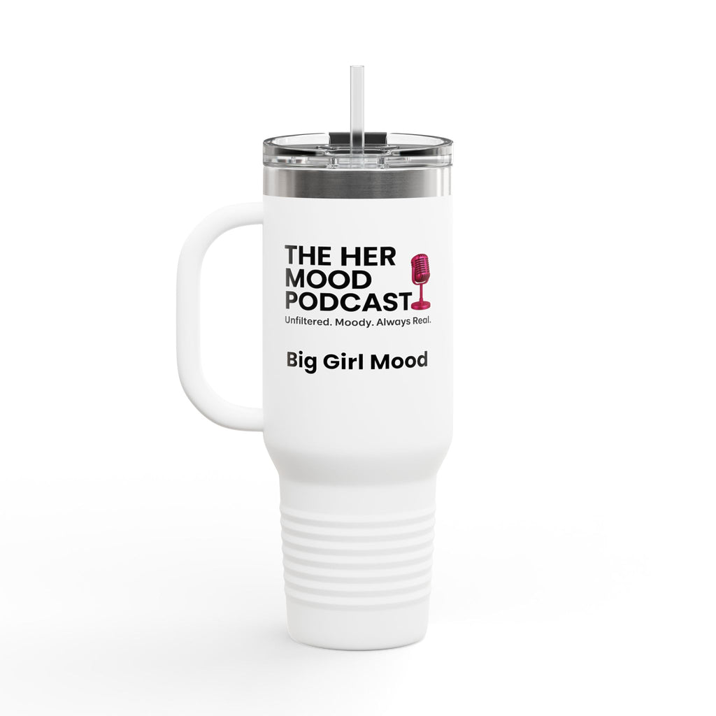 Her Mood Podcast 40oz Tumbler | White Stainless Travel Mug with Pink Mic & Logo
