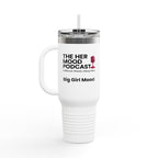 Her Mood Podcast 40oz Tumbler | White Stainless Travel Mug with Pink Mic & Logo