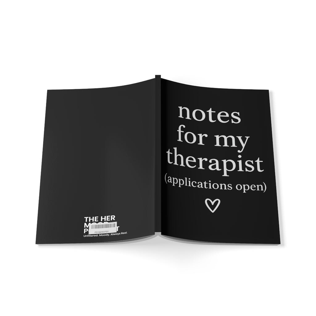 Her Mood Podcast Journal Black Softcover Notebook Notes for My Therapist (Applications Open) Lined A5 Planner Gift