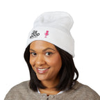 Her Mood Podcast Beanie | White Knit Hat with Black Logo & Pink Microphone Embroidery