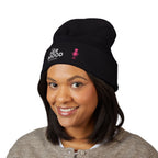 Her Mood Podcast Beanie | Black Knit Hat with Pink Microphone & White Logo Embroidery