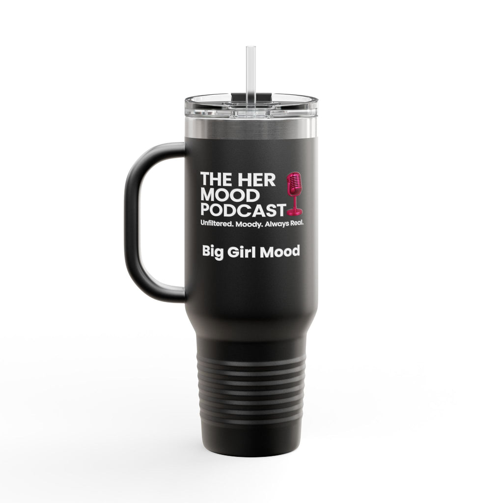 Her Mood Podcast 40oz Tumbler | White Stainless Travel Mug with Pink Mic & Logo