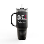 Her Mood Podcast 40oz Tumbler | White Stainless Travel Mug with Pink Mic & Logo
