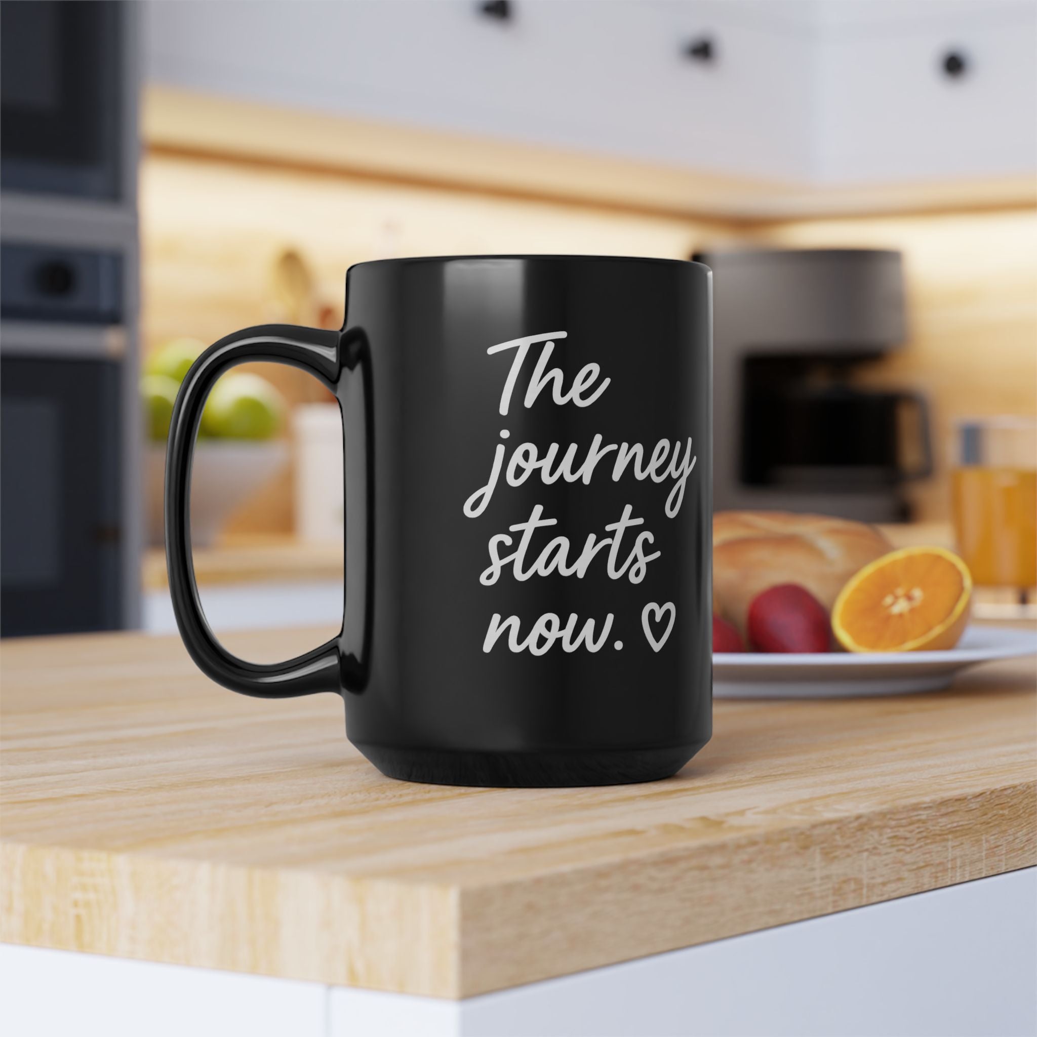 Her Mood Podcast Coffee Mug Black 15oz Ceramic Cup The Journey Starts Now White Logo Dishwasher Safe Podcast Gift
