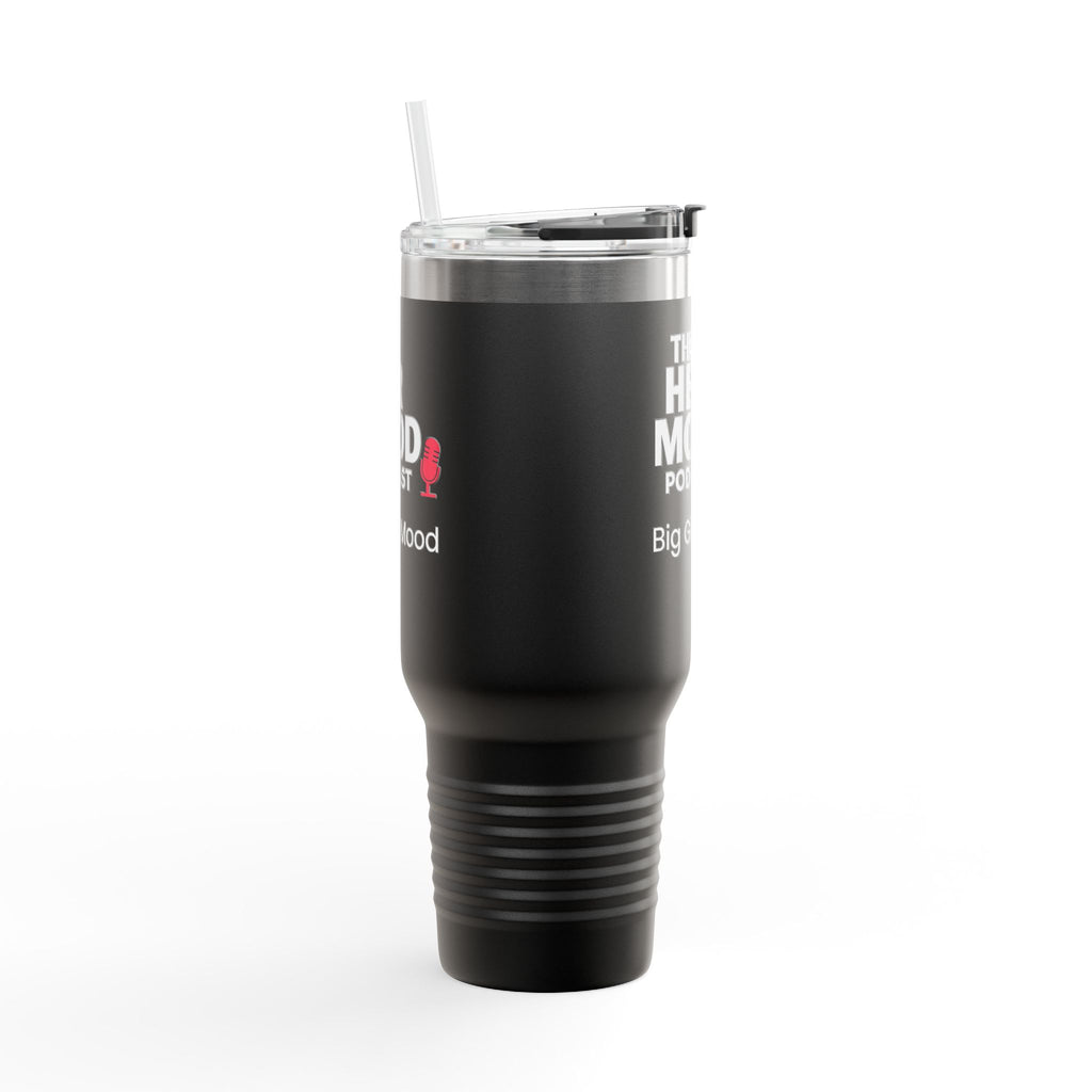 Her Mood Podcast 40oz Tumbler | Black Stainless Travel Mug with White Logo & Pink Mic