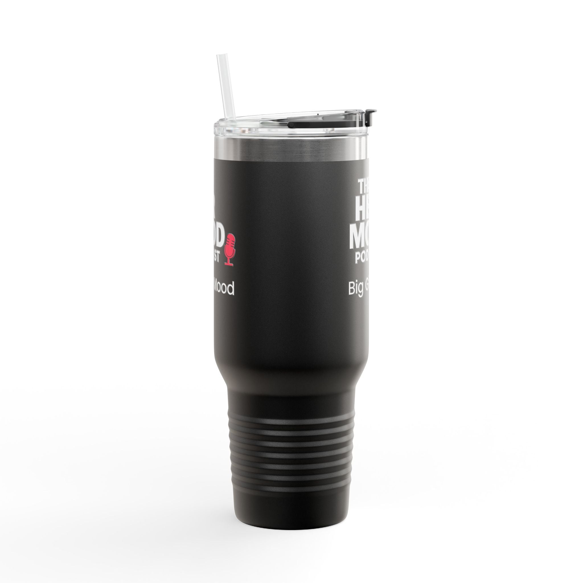 Her Mood Podcast 40oz Tumbler | Black Stainless Travel Mug with White Logo & Pink Mic