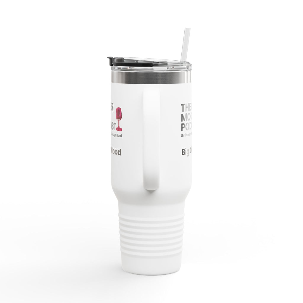 Her Mood Podcast 40oz Tumbler | White Stainless Travel Mug with Pink Mic & Logo