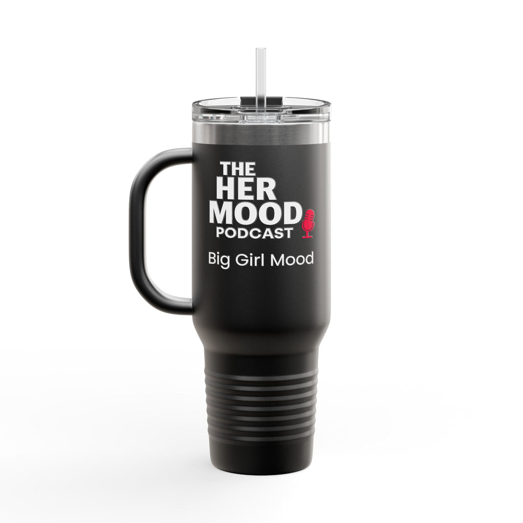 Her Mood Podcast 40oz Tumbler | Black Stainless Travel Mug with White Logo & Pink Mic