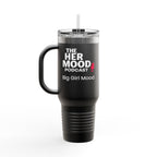 Her Mood Podcast 40oz Tumbler | Black Stainless Travel Mug with White Logo & Pink Mic