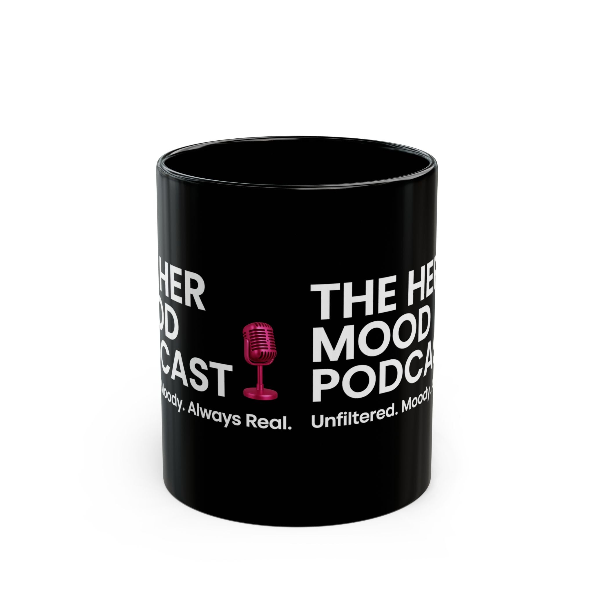 Her Mood Podcast Coffee Mug | Black Ceramic Cup with White Logo & Pink Microphone