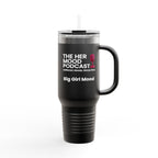 Her Mood Podcast 40oz Tumbler | White Stainless Travel Mug with Pink Mic & Logo