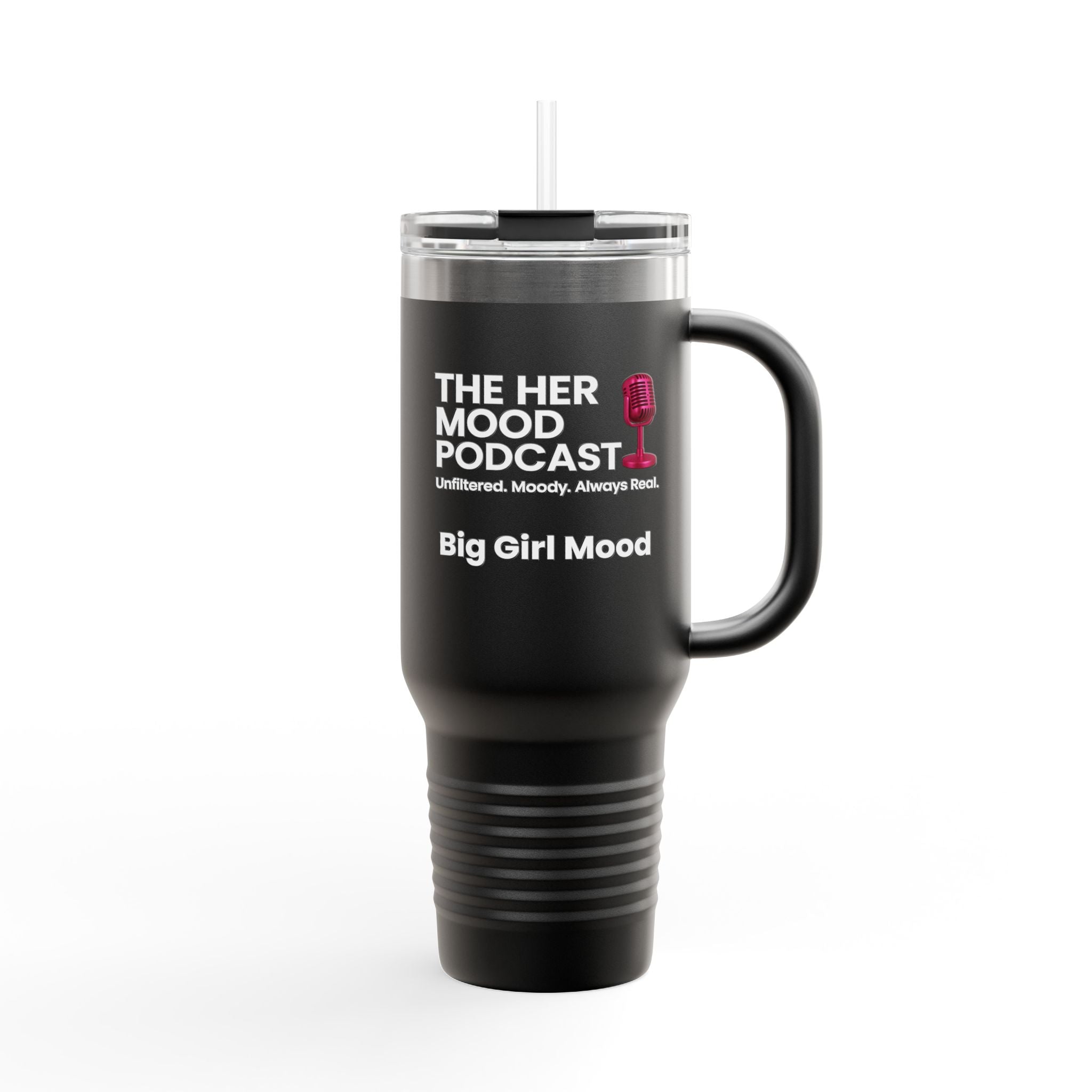 Her Mood Podcast 40oz Tumbler | White Stainless Travel Mug with Pink Mic & Logo