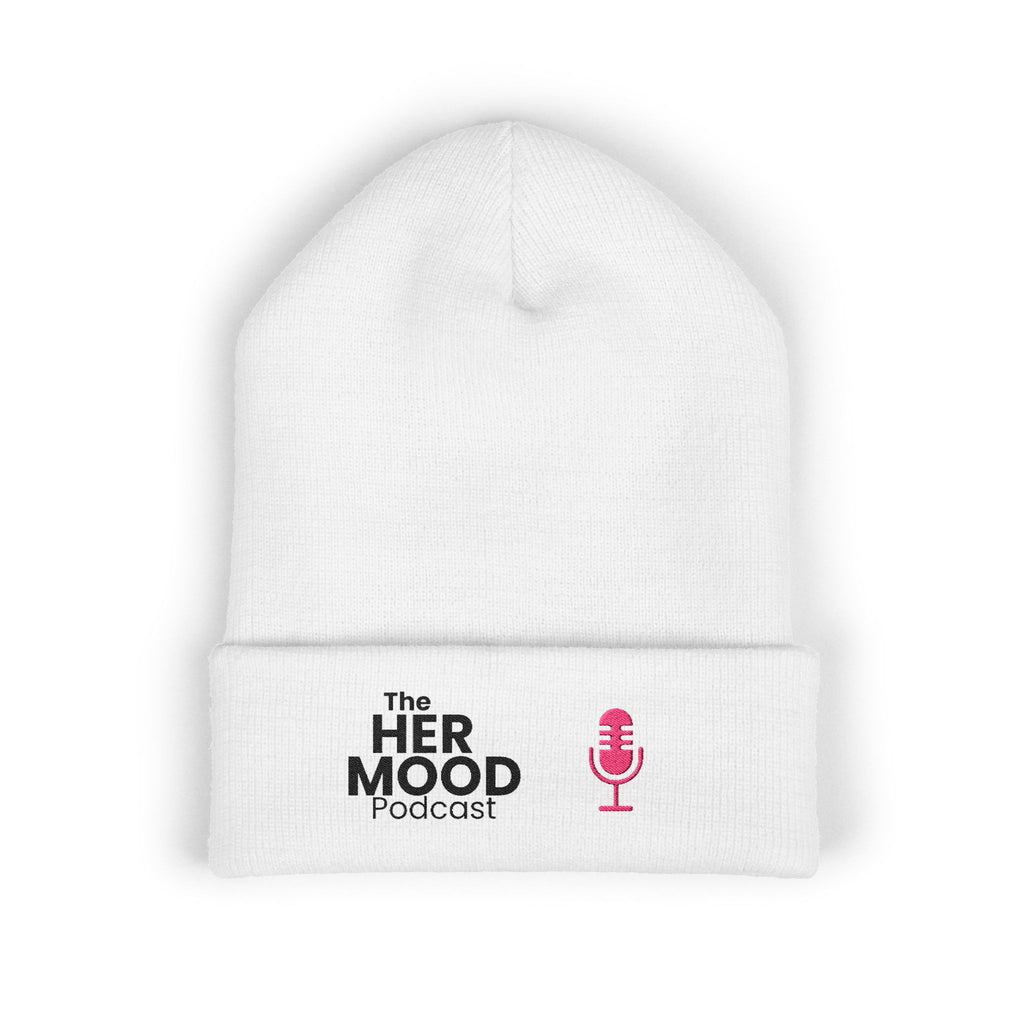 Her Mood Podcast Beanie | White Knit Hat with Black Logo & Pink Microphone Embroidery