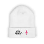 Her Mood Podcast Beanie | White Knit Hat with Black Logo & Pink Microphone Embroidery
