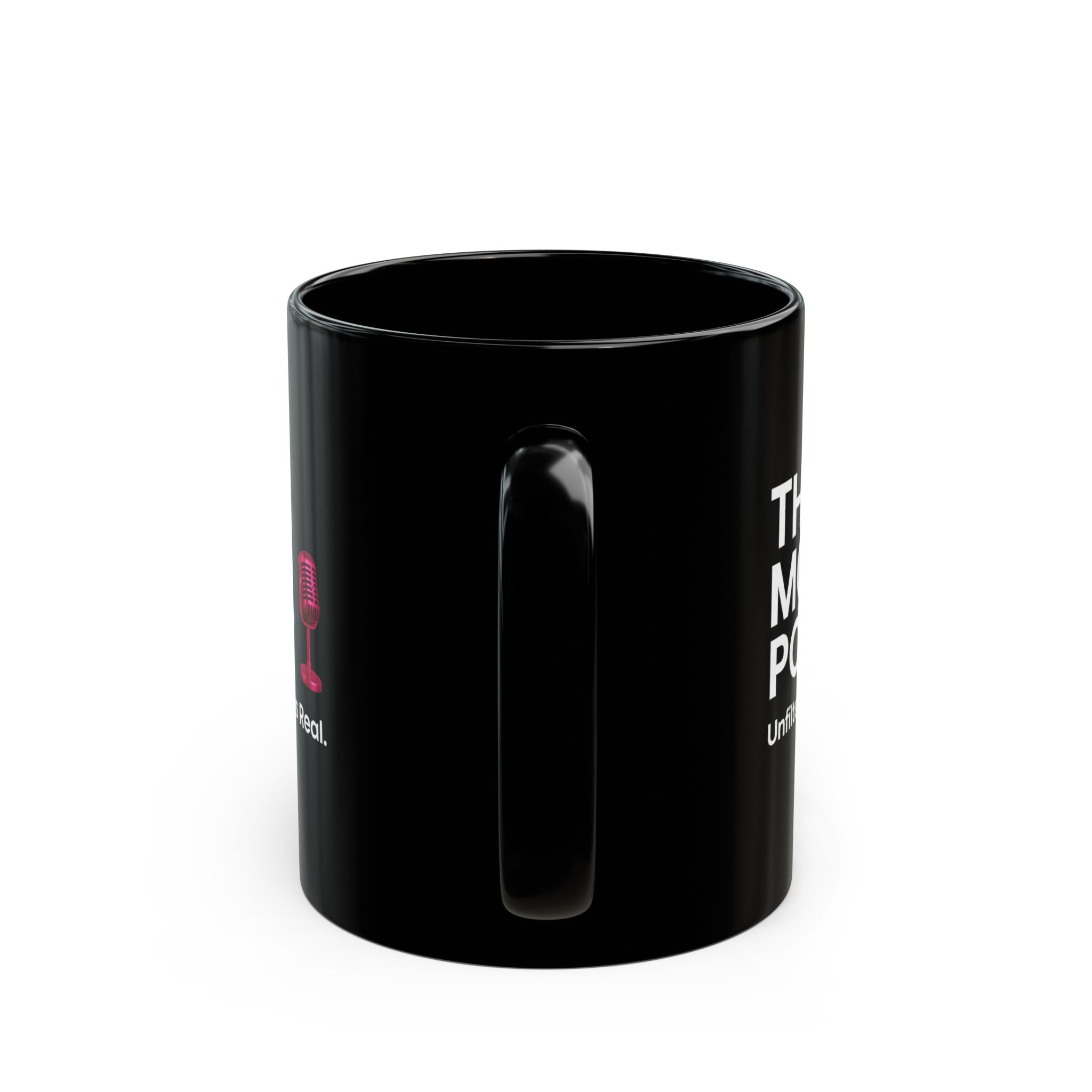 Her Mood Podcast Coffee Mug | Black Ceramic Cup with White Logo & Pink Microphone
