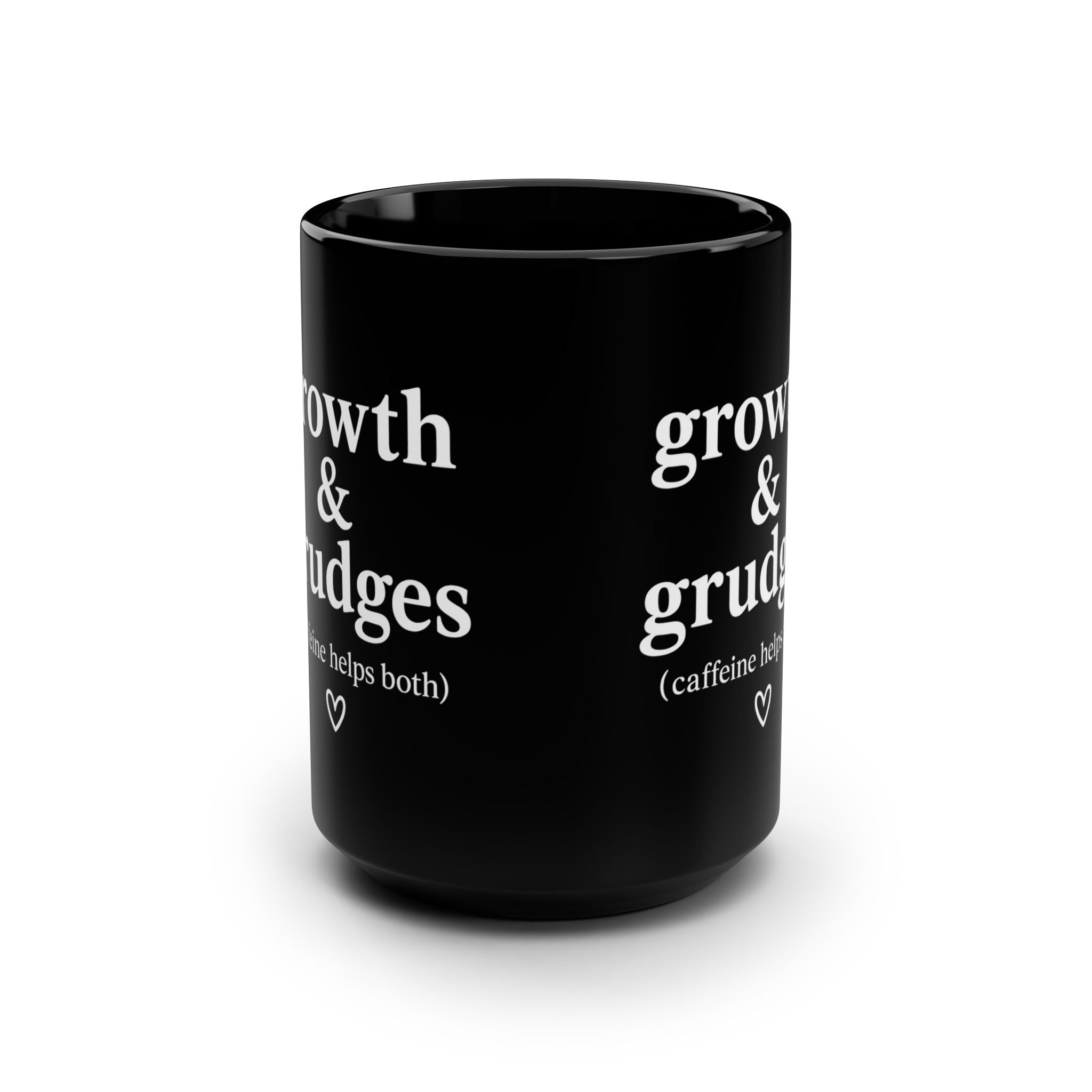 Her Mood Podcast Coffee Mug Black 15oz Ceramic Cup Growth & Grudges (Caffeine Helps Both) White Logo Dishwasher Safe Podcast Gift