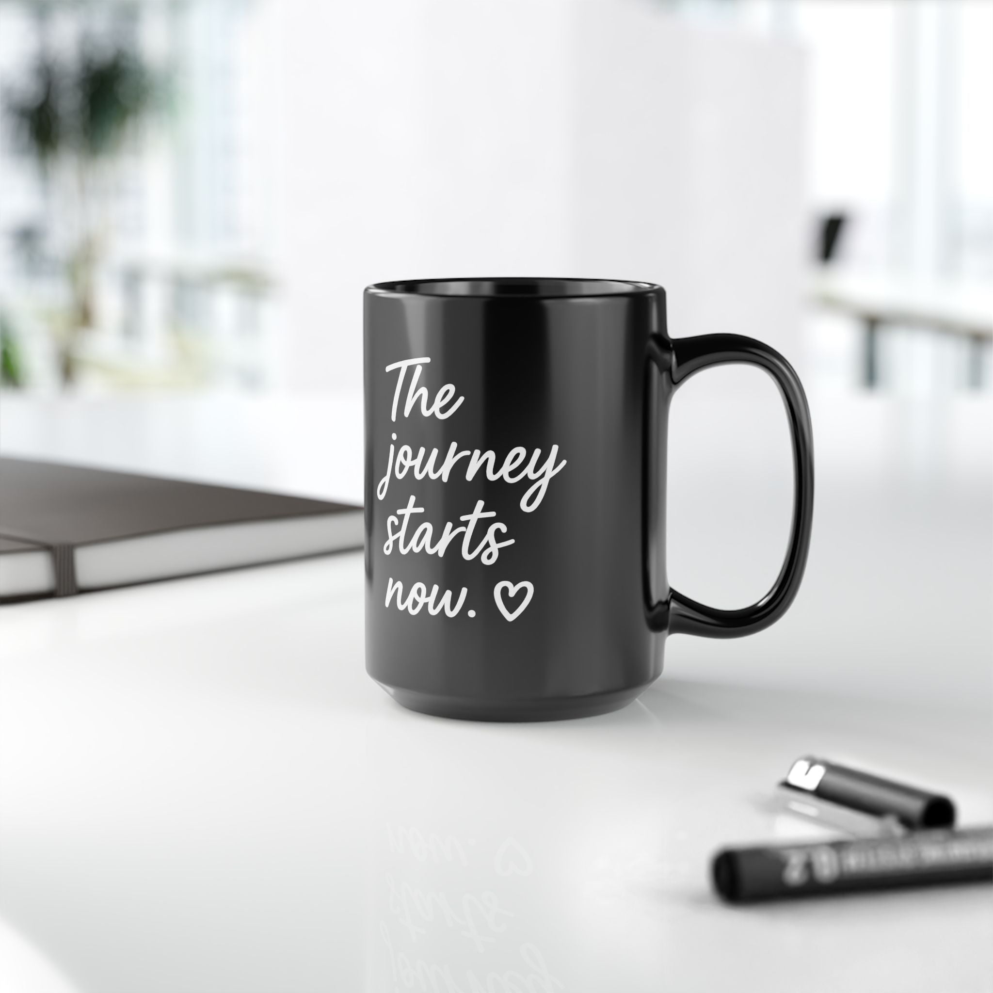 Her Mood Podcast Coffee Mug Black 15oz Ceramic Cup The Journey Starts Now White Logo Dishwasher Safe Podcast Gift