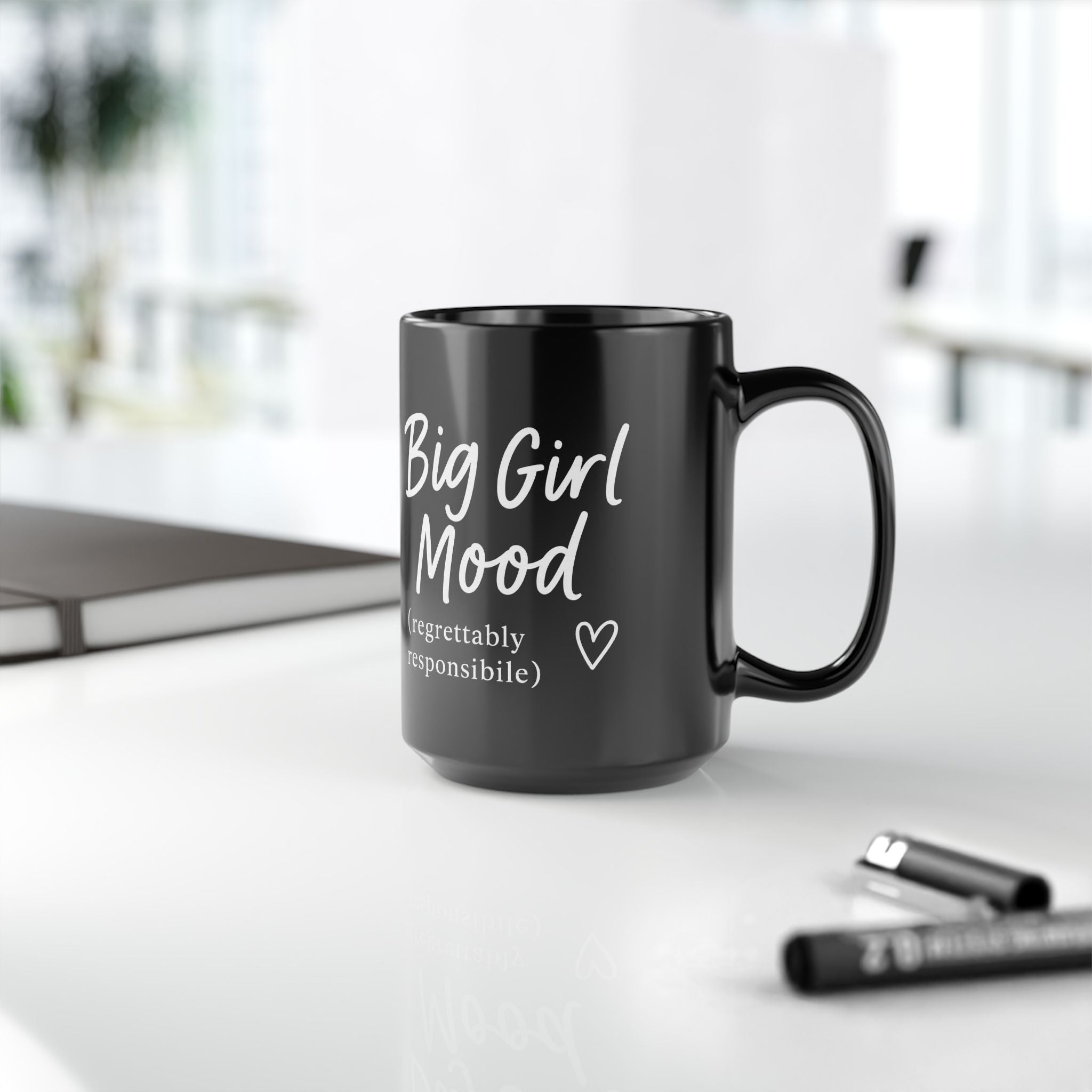 Her Mood Podcast Coffee Mug Black 15oz Ceramic Cup Big Girl Mood (Regrettably Responsible) White Logo Dishwasher Safe Podcast Gift