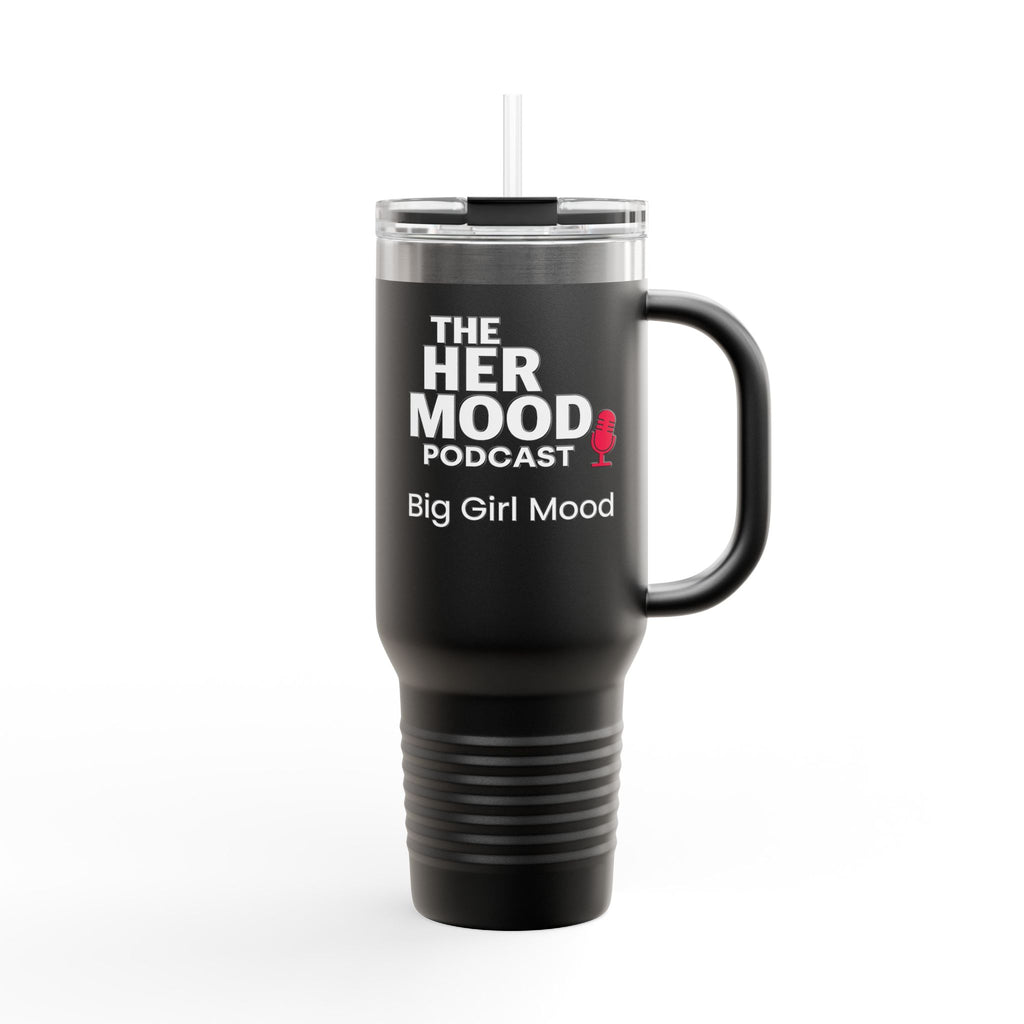 Her Mood Podcast 40oz Tumbler | Black Stainless Travel Mug with White Logo & Pink Mic