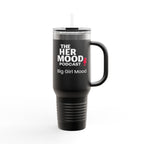 Her Mood Podcast 40oz Tumbler | Black Stainless Travel Mug with White Logo & Pink Mic