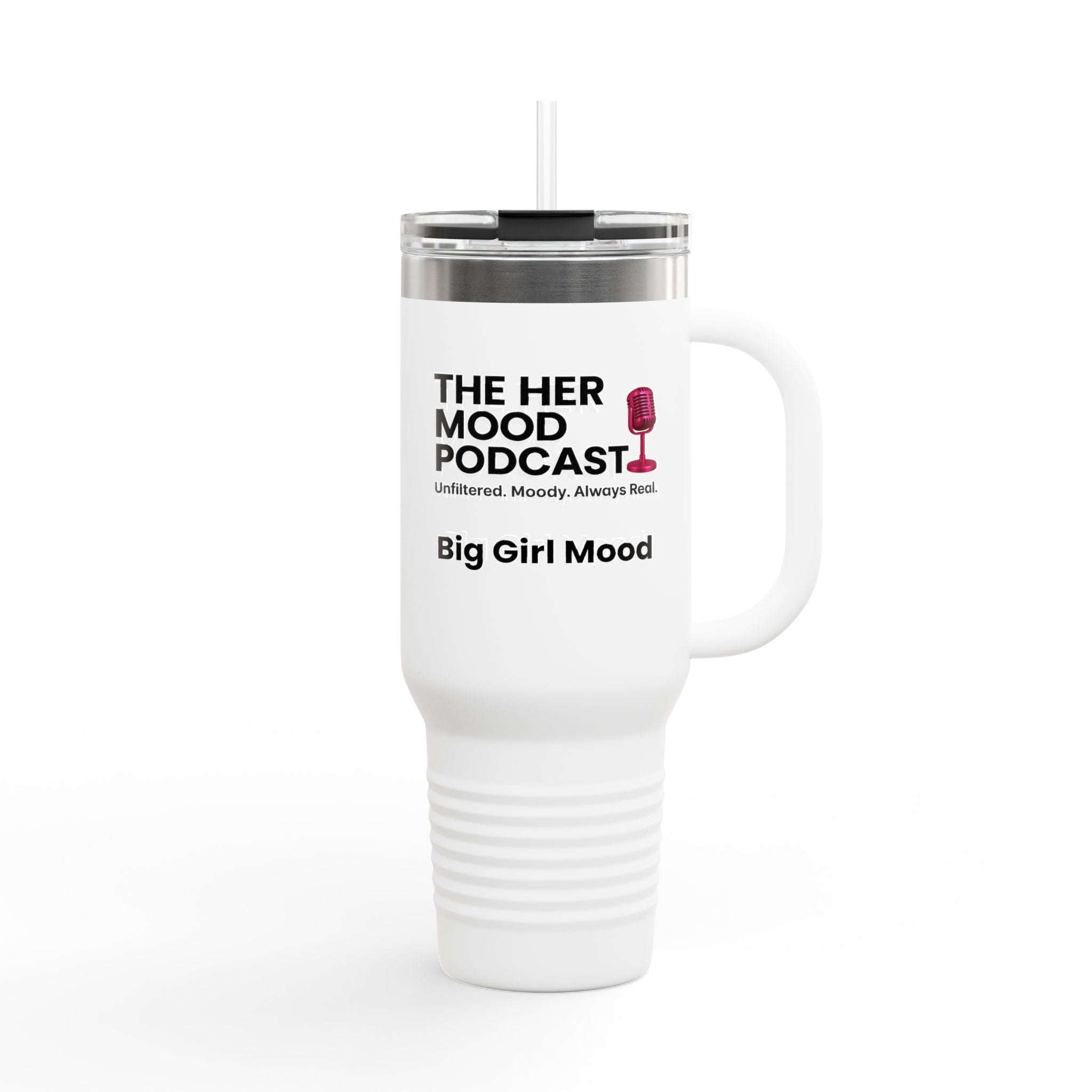 Her Mood Podcast 40oz Tumbler | White Stainless Travel Mug with Pink Mic & Logo