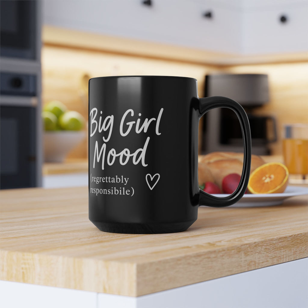 Her Mood Podcast Coffee Mug Black 15oz Ceramic Cup Big Girl Mood (Regrettably Responsible) White Logo Dishwasher Safe Podcast Gift